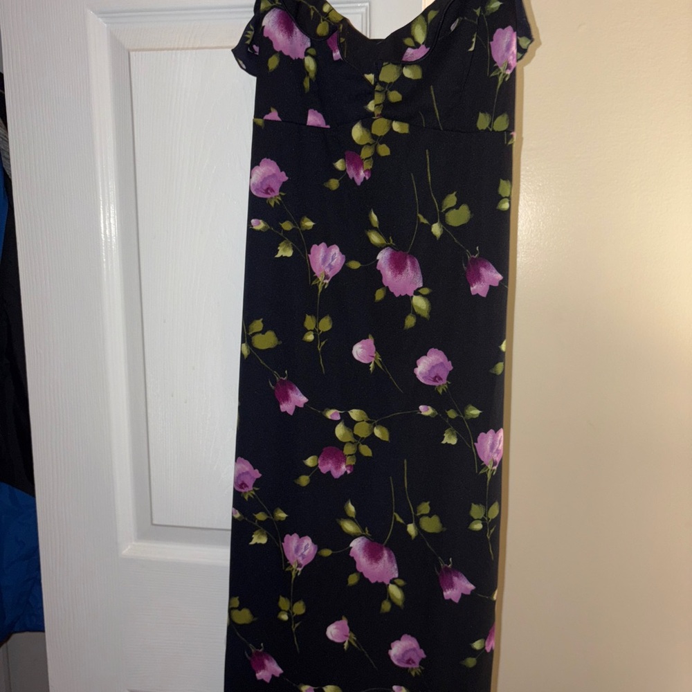 Floral Black Dress with Pink and Green Accents